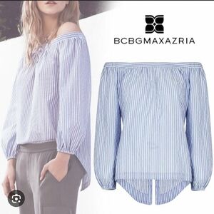 146-BCBGMaxAzria Blue and White Striped Off-Shoulder‎ Blouse